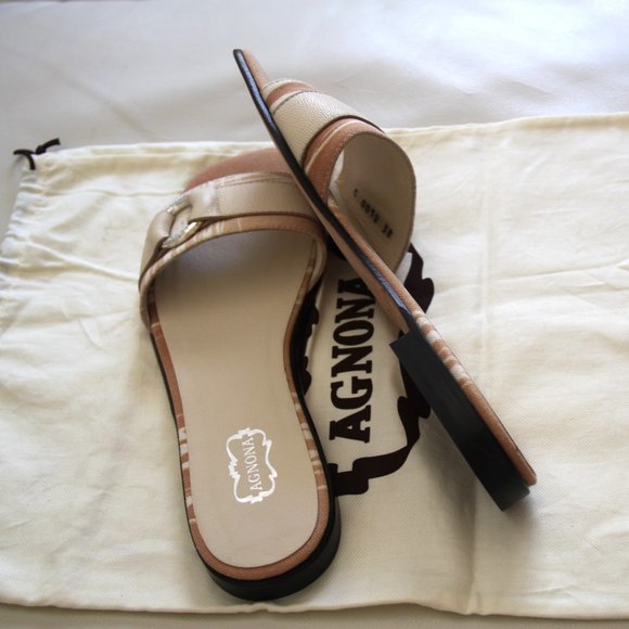 AGNONA Made in Italy Sandals Slides Flats Cream Leather Tan Canvas Size EU 38 - Picture 3 of 11